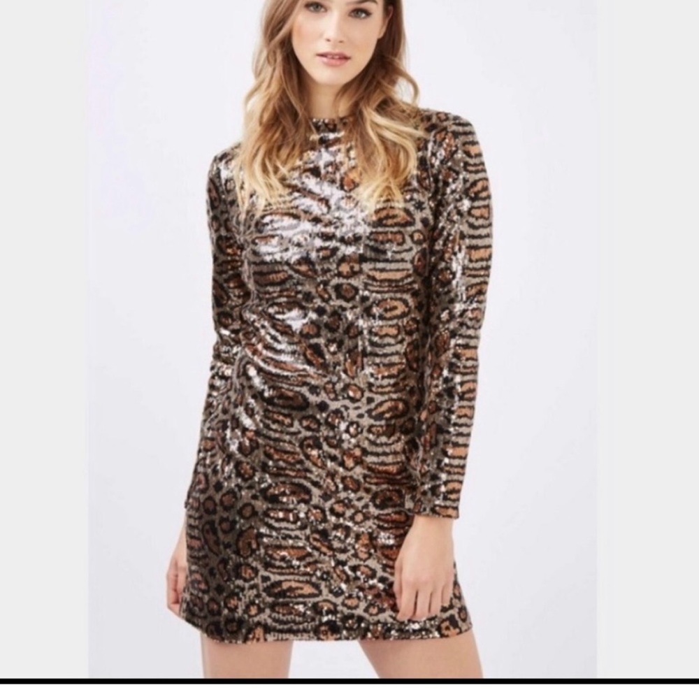 Top Shop dress Women US SZ 6 sequined glam leopard shiny bodycon Cocktail Event